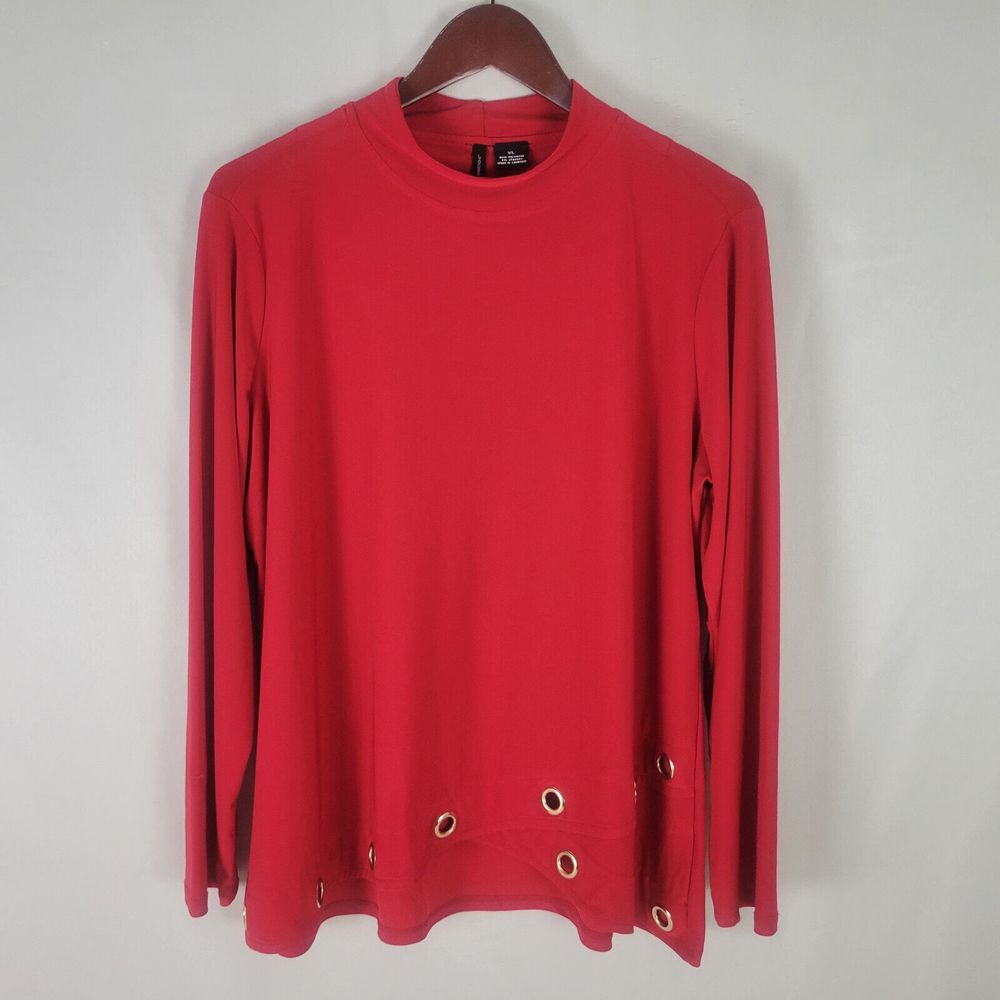 New Directions Shirt Womens XL Red Top Grommet Hem‎ Long Sleeve Crew Neck